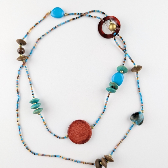 None Jewelry - Funky Turquoise And Rust Colored Beaded Necklace